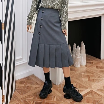 

XUXI 2020 Women New Summer Half Body Skirt Original Design Gray Hazy Pleated Slim Solid Color Skirts Womens FZ1209