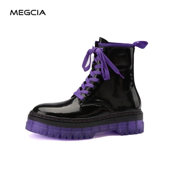 

New Fashion Martin Boots Flat Lace Up Purple Boots Women Patent Leather Thick Bottom Boots Ankle Shoes Autumn Winter Black A25
