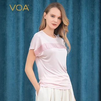 

Voasilk Woven Round Collar with Cuff Splicing Loose Casual Age Reduction Lightweight Breathable Short-sleeved T-shirt B9090