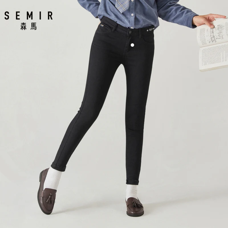 SEMIR обтягивающие брюки женские черные джинсы новые осенние и зимние штаны с низкой талией с изображением кота джинсовые Брендовые женские брюки