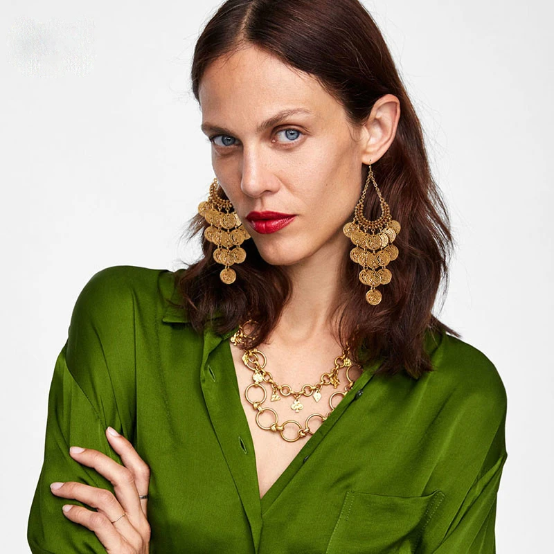 docona Gypsy Gold Color Hollow Leaf Coin Pendant Earrings for Women Metal Long Tassel Drop Dangle Earring Pendientes 6643