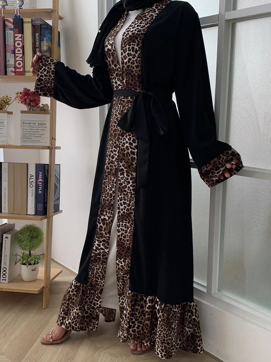 1819#Woman Robe Front Open Kimono Cardigan Leopard Print Dubai Abaya - CHAOMENG MUSLIM SHOP