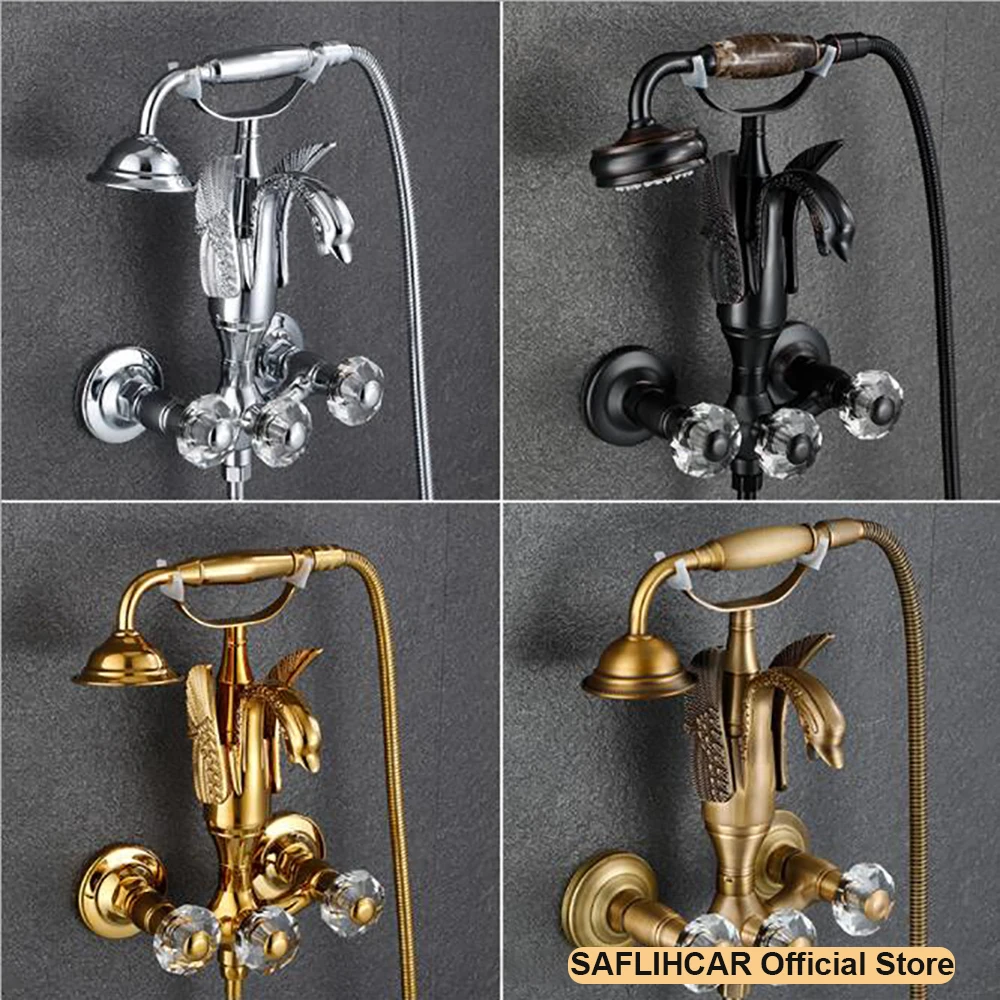 Luxury Gold Swan Bathtub Faucet Crystal Handle  Bath Sets with Hand Shower Hot Cold Mixer Tap For Bathroom Wall Mounted 2