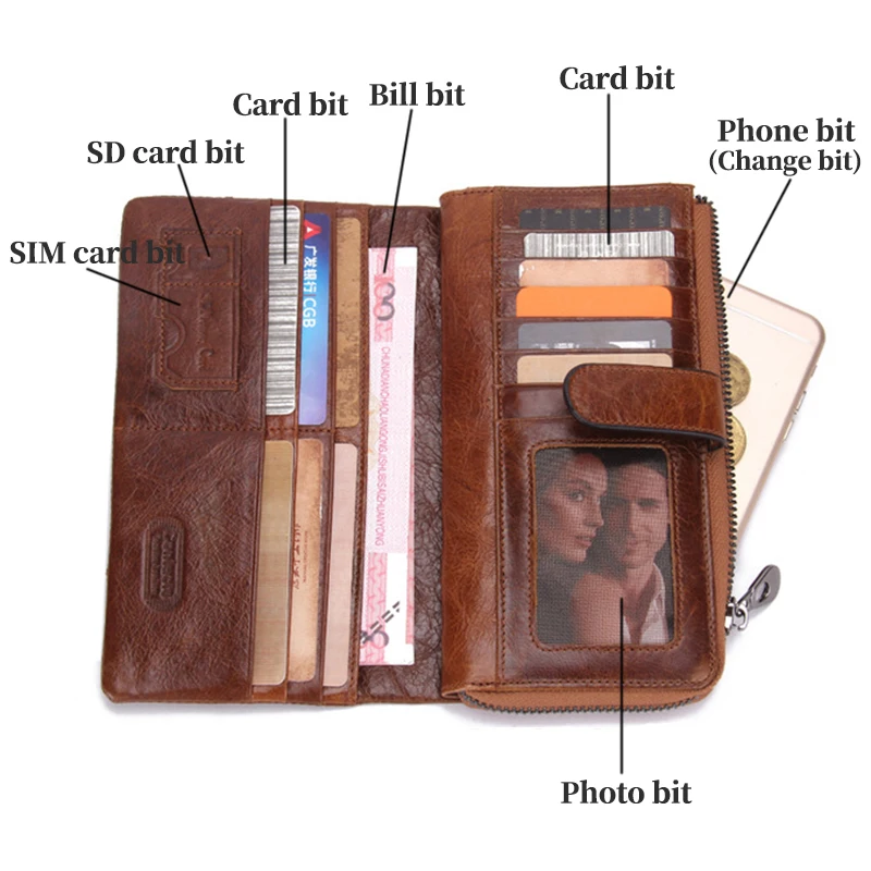 Name Carving Zipper Poucht Genuine Cow Long Leather Wallets Purse Card Holder Vintage Wallet Men with Coin Purse Pocket