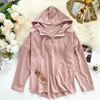 

Foamlina Korean Fashion Women Hooded Sweatshirt Solid Zipper-up Drop-shoulder Long Sleeve Loose Pullover Student Sweatshirt Top