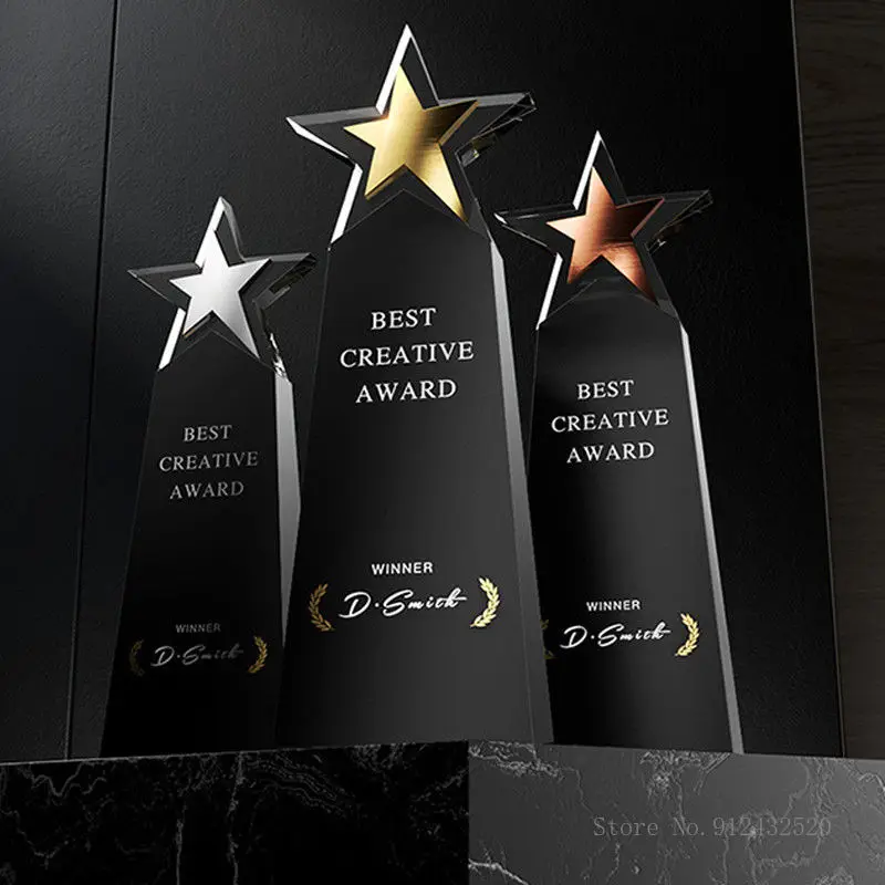 CustomizedFive-Pointed Star Crystal Trophy, Gold Silver Copper, Celebration Gift, Competition Award, Staff Meeting Souvenir, 1Pc