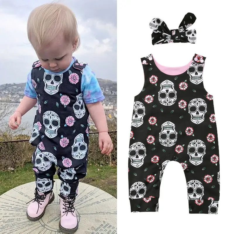 Halloween Newborn Baby Rompers Boys Girls Skull Flower Romper Jumpsuit 2PCS Outfit Costume Holiday Cute Baby Clothing