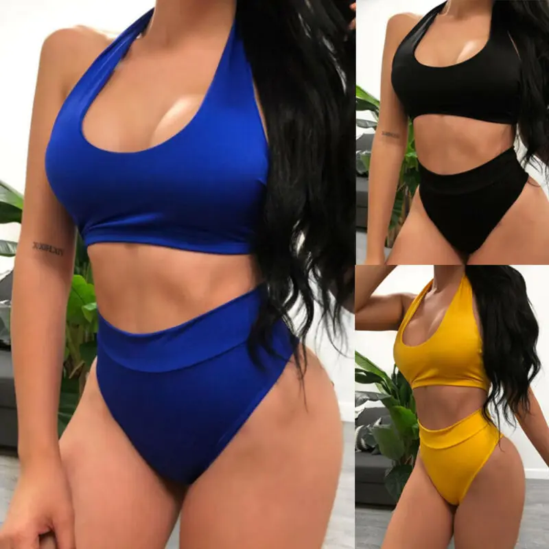 

Hirigin Sexy Women Swimwear Bikini Set Halter Push-Up Swimsuit Padded Monokini High Waist Briefs Solid Biquini Bathing Suit