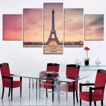 

Hd Five Piece Set Modern Paris Eiffel Tower Painting Picture City Architecture Landscape Canvas Painting Wall Art No Frame Mural