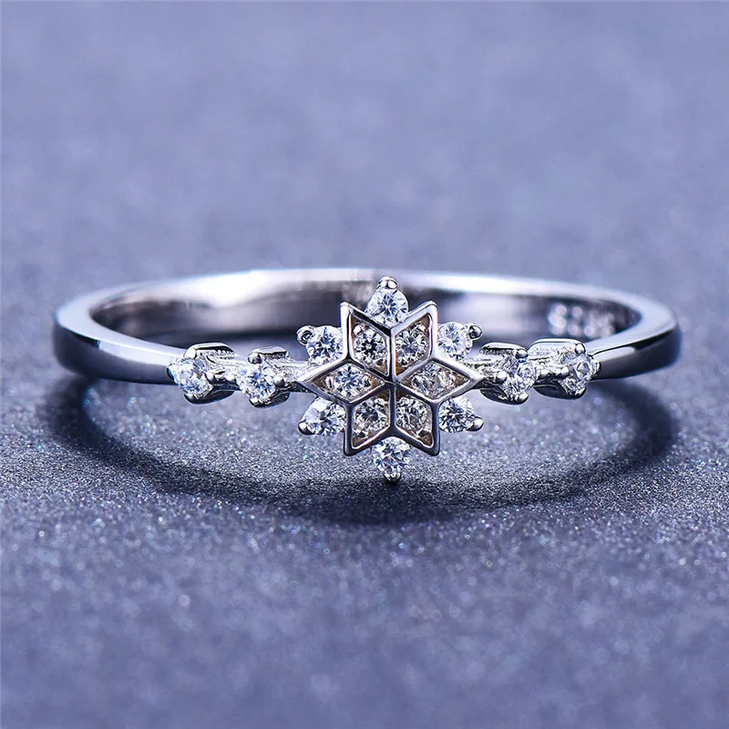 

Luxury Female Flower Snowflake Ring Real 925 Sterling Silver Zirconia Stone Ring Boho Promise Love Engagement Rings For Women