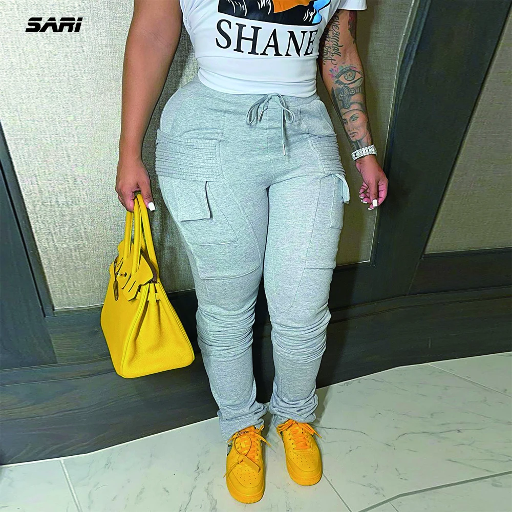 

Autumn Casual Bodycon Stacked Sweat Pants Womens Joggers Elastic High Pocket Waist Trousers Pants Female Summer Ladies Pants