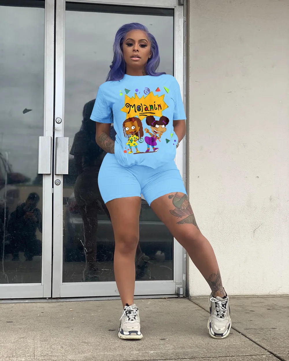 

New Biker Shorts Set Lounge Set Tracksuit Women Summer T-Shirt +Shorts Two Piece Set Cartoon Print Jogging Femme 2020