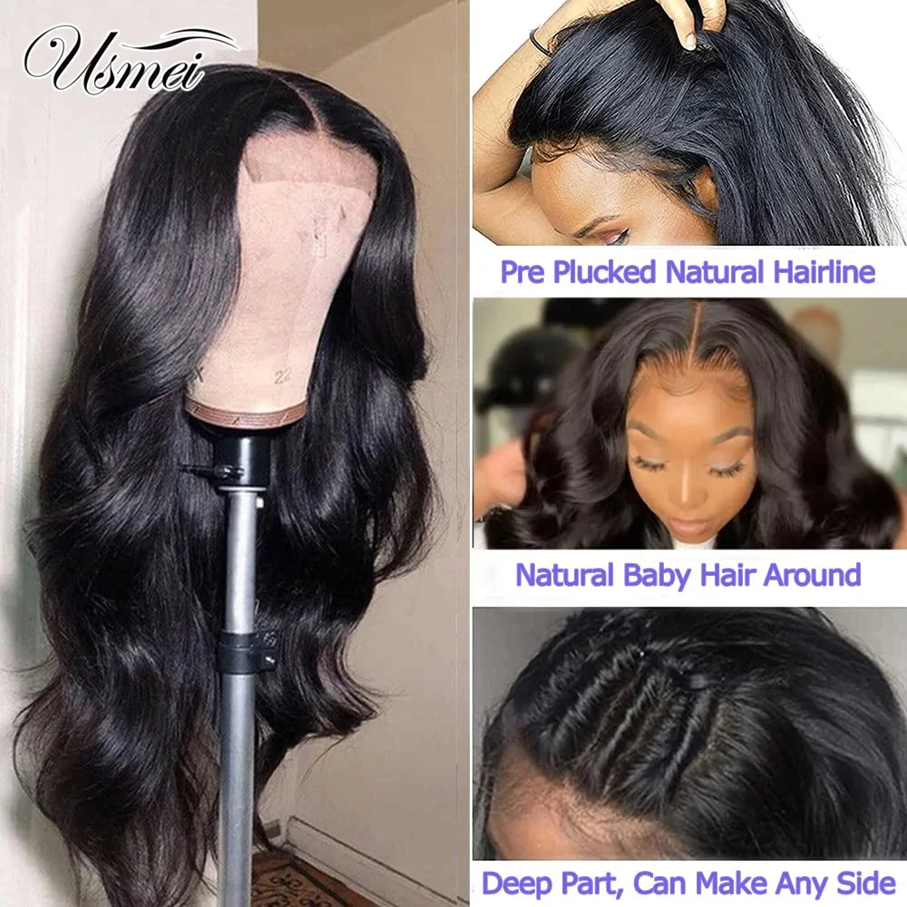 Dianteira do Laço Sintético da Onda do Corpo de Usmei Parte do Fechamento do Laço Natural com Cabelo do Bebê Peruca Glueless Perucas Pre-arrancadas Linha Fina Preto t 2 High Quality Apliques e perucas