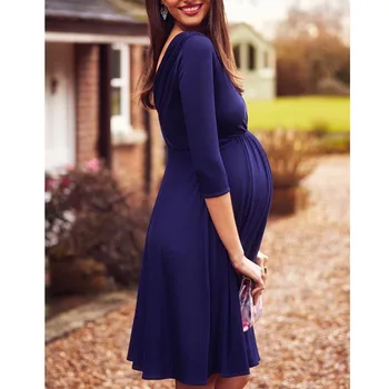 Breastfeeding Dresses Maternity Clothes for Pregnant Women Clothing Solid V-Neck Pregnancy Dresses Mother Wear Evening Dress 4