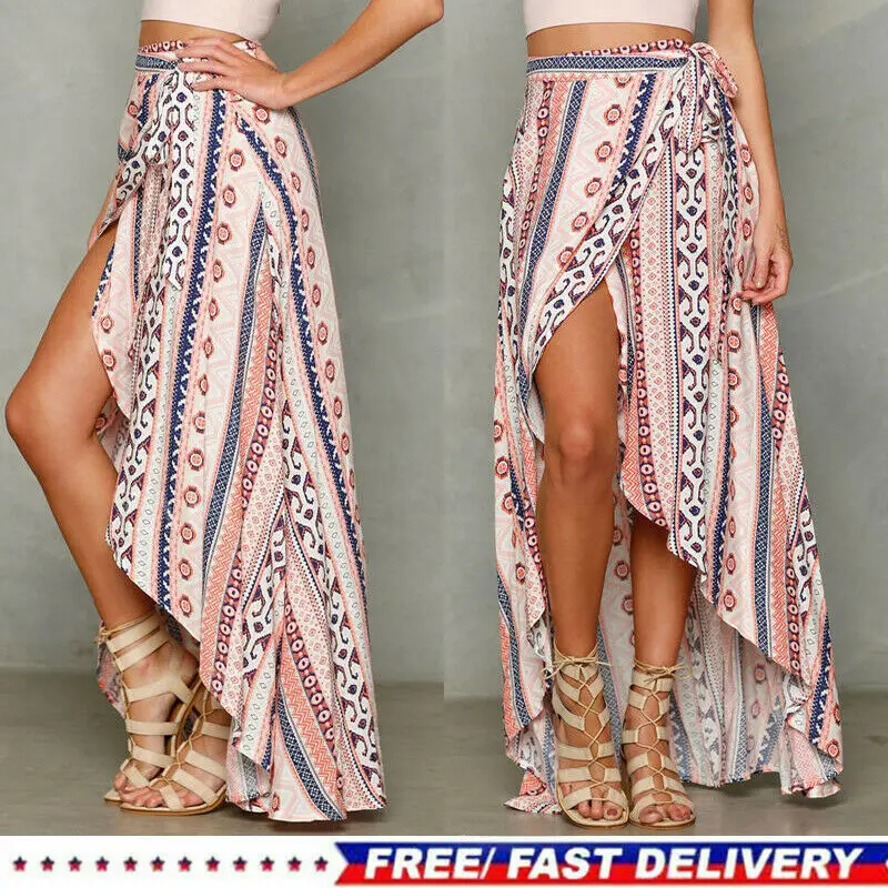 Hirigin Summer Women Boho Ethnic Style Print Chiffon Split Long Maxi Beach Skirts Bikini Covers UP | Женская одежда