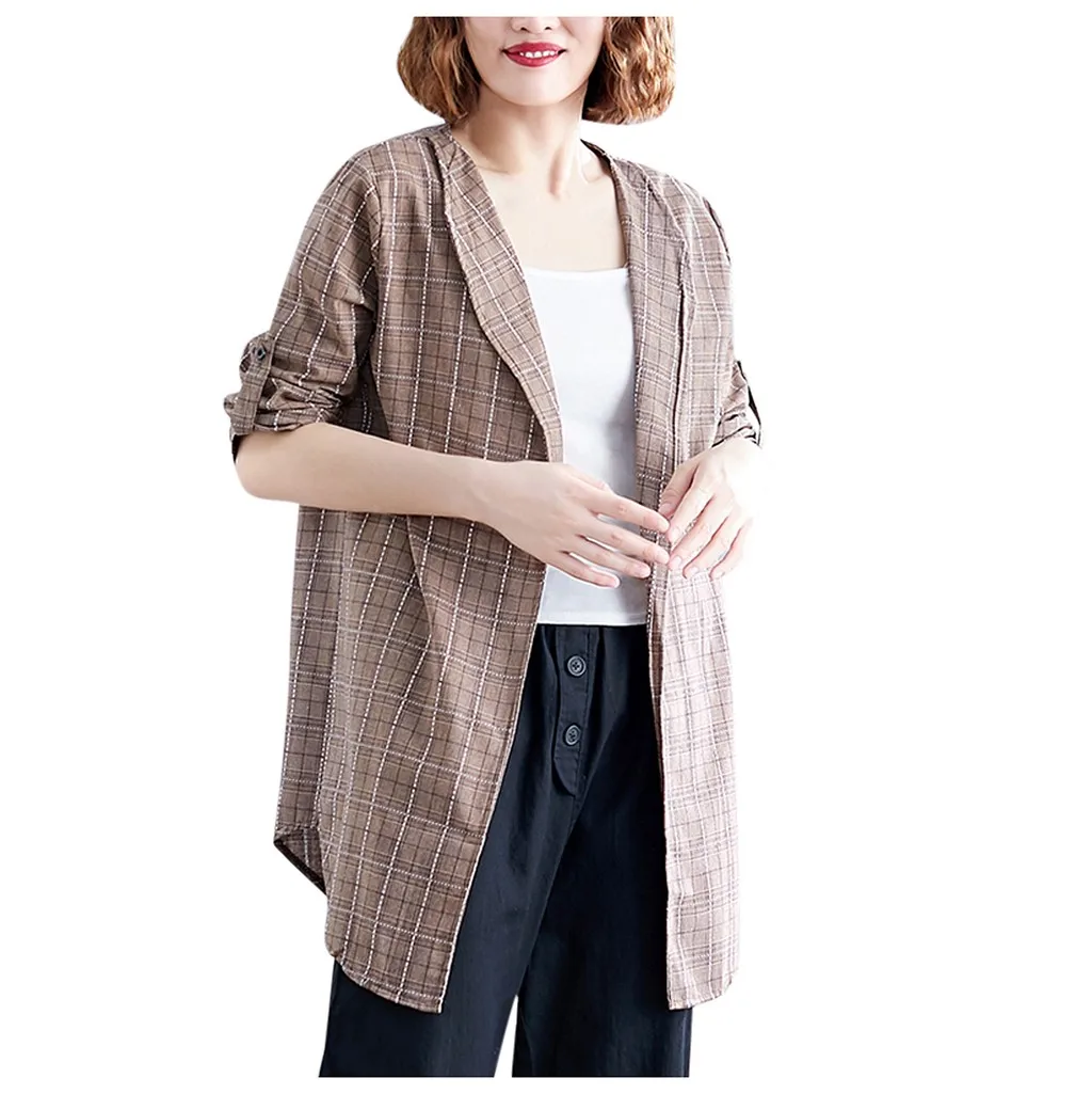 Coffee Vintage Cardigan Office Ladies Plaid Blazer Long Sleeve Loose Houndstooth Suit Coat Jacket Women blazers Female dropshipping 827 - Цвет: Coffee