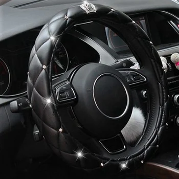 

Fashion Women PU Leather Car Steering Wheel Covers Diamond Black Pink Auto Steering-Covers Cases for Lady Girls Car Accessories