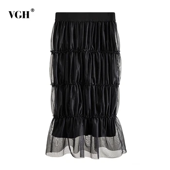 

VGH Vintage Patchwork Mesh Women Skirts High Waist Ruched Ruffles Midi Bud Skirt For Female Fashion 2020 Summer Clothes Tide
