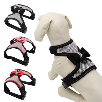 

Reflective Diamond Bling Rhinestone Bowknot Dog Vest Harness Nylon Puppy Leash Cat Chest Strap Belt Small Medium Pet Supplies