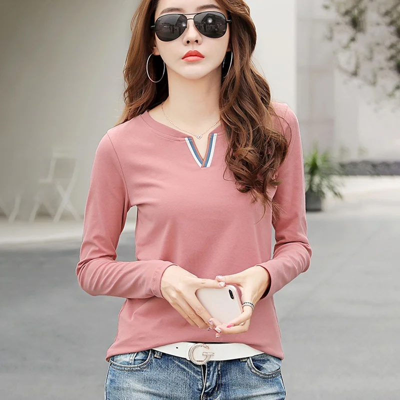 Женские футболки, повседневная футболка с v-образным вырезом и длинным рукавом, Модная приталенная футболка