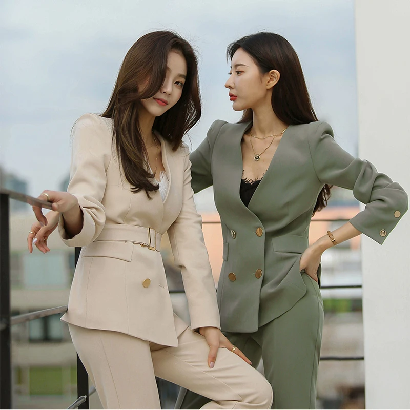 

Chic Women's Office Business Pants Suit Two-Piece Sets Female Blazer Girly Elegant Temperament V-Neck Suit Jacket Pantsuit Lady