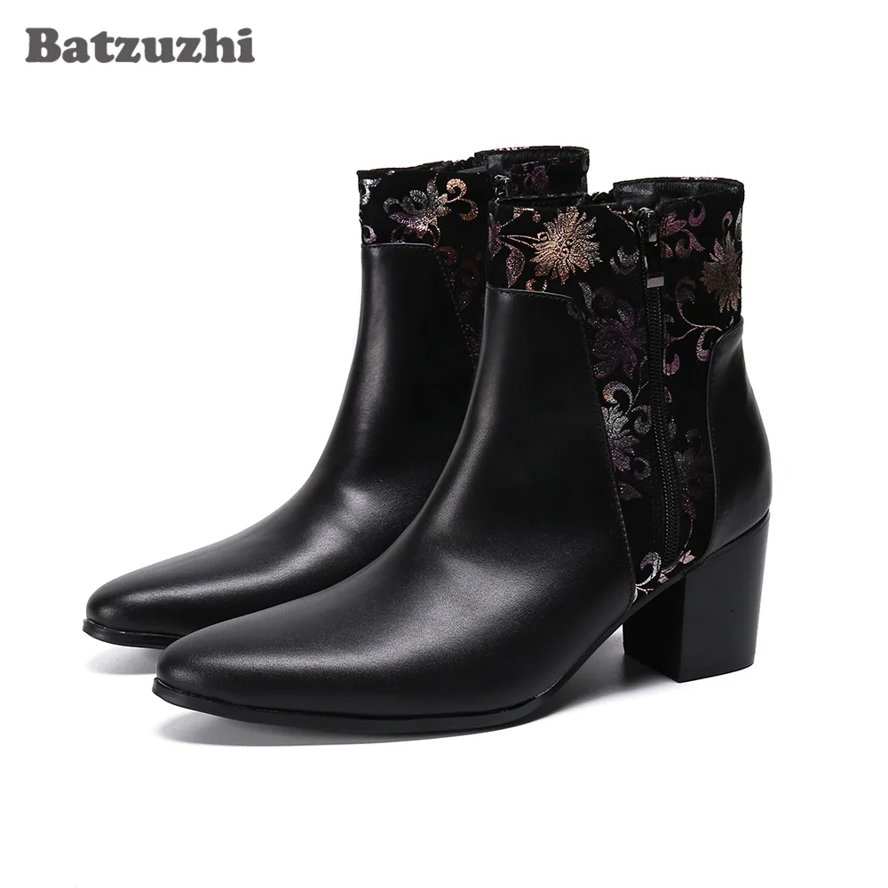 

Batzuzhi 7.5CM Heels High Men Boots Black Genuine Leather Ankle Boots Gentlemen chaussure homme Party and Wedding Boots for Men