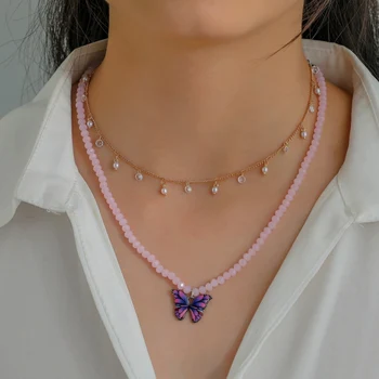 

Women Simple Small Round Bead Clavicle Necklace Fashion Crystal Bead Glaze Butterfly Pendant Double Layered Necklace HOT