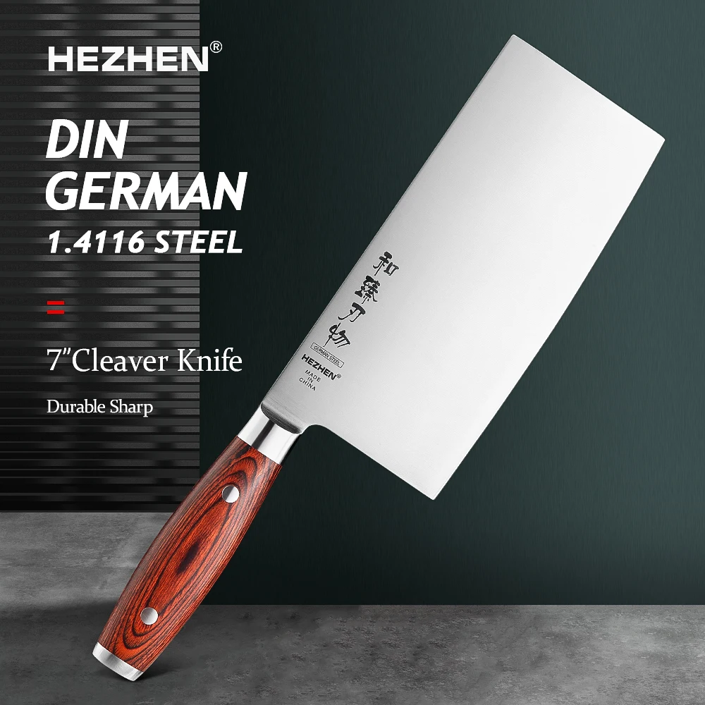 

HEZHEN 7 Inches Cleaver Knives Pakka Wood Handle & Stainless Steel Rivet German DIN1.4116 Steel Beautiful gift box Cook Knife