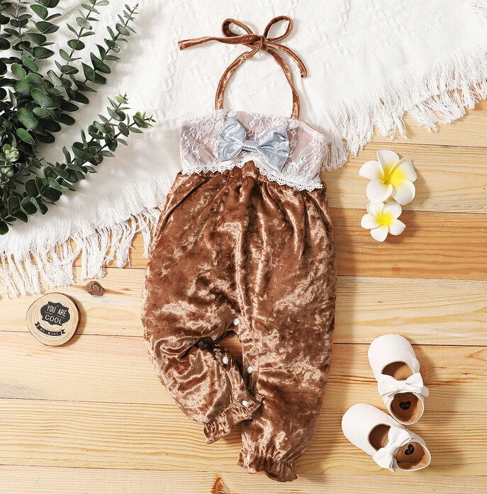 

Baby Girl’s Bodysuits Rompers Casual Halter Tie-up Jumpsuit Fashion Lace Bow Stitching Boat Neck Long Romper