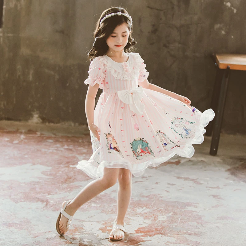 Pink sweet girl princess dress Lolita new summer dress flower basket bunny cartoon vestido lolita