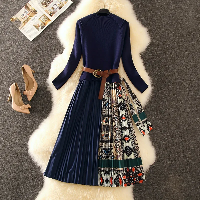 Высокое качество с длинным рукавом элегантное вязаное лоскутное платье Модные женские этнические винтажные печатные плиссированные платья с поясом