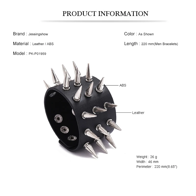 Leather Bracelet Punk Style Wristband Leather Studded Bracelet Cuspidal Spikes Rivet Stud Wide Cuff Black Bangle Adjustable Men Bracelet Bangle Bracelet Leather Bracelets
