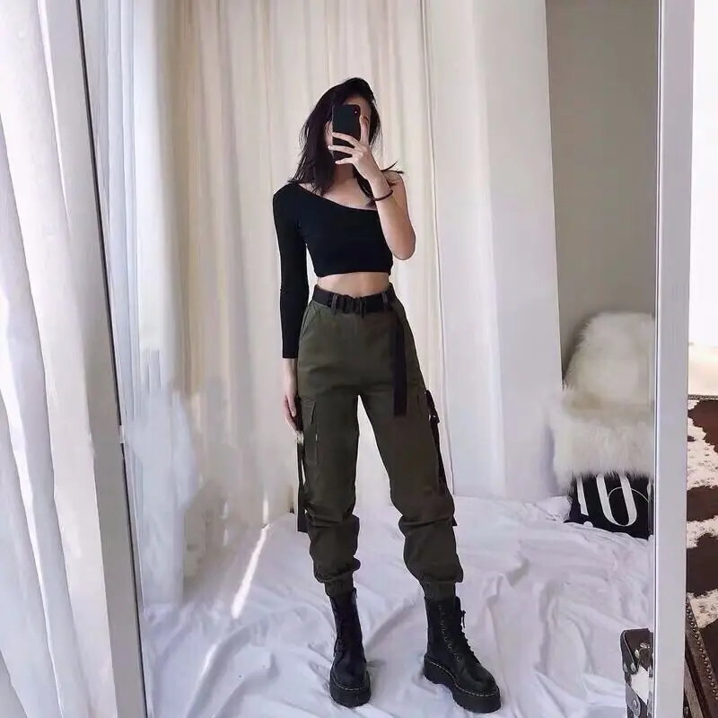 Pants and belt Осень модные женские брюки карго высокой цепи на талию брюки джоггеры женские хип хоп однотонные свободные Весенние уличные женские - Цвет: Pants and belt