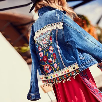

Jeans Jackets Women 2020 Boho Denim Jacket Tassel Beading Floral Embroidered Ribbon Patchwork Top Vintage Long Sleeve India Folk