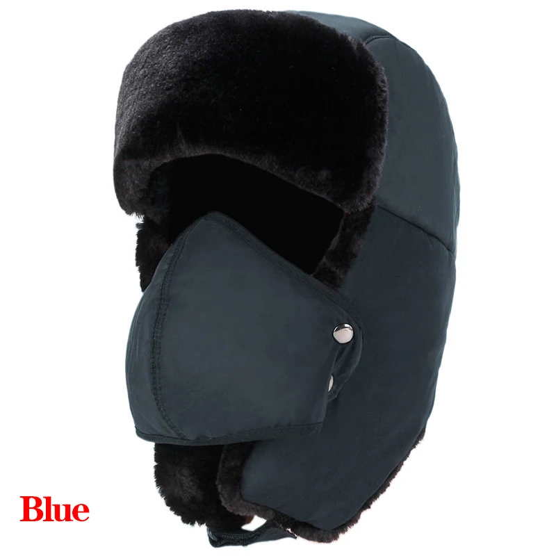 Зимняя Лыжная шапка-бомбер, головные уборы для мужчин и женщин, утолщенные хлопковые меховые зимние теплые шапки с ушками, русская маска с черепом, шапки-бомберы - Цвет: Синий