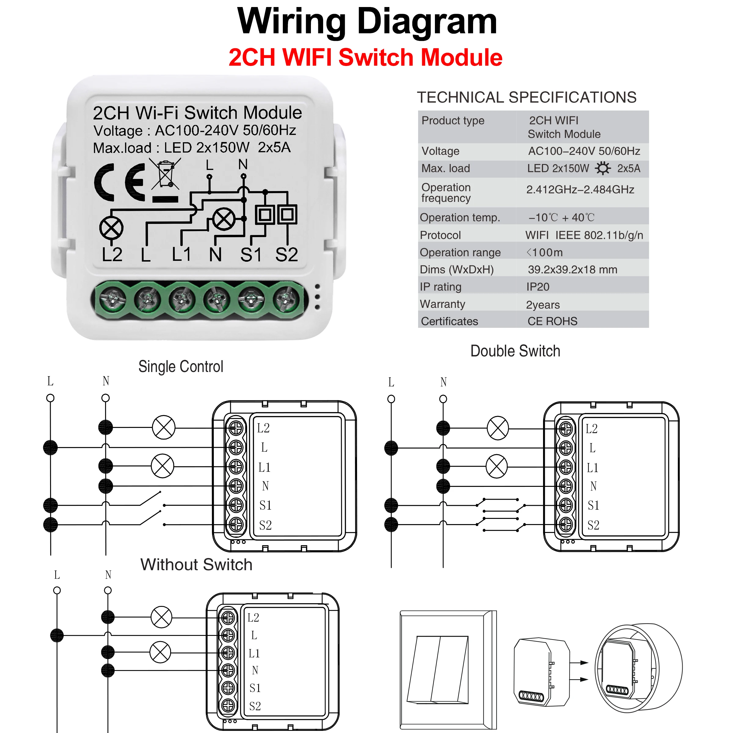 투야 와이파이 스마트 조명 스위치 모듈, 양방향 제어 지원, 앱 원격 제어 DIY 차단기 100-240V, 알렉사 구글 홈과 호환