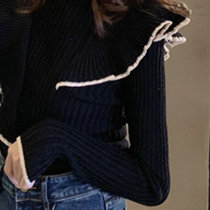Sweater Women Fashion 2019 Autumn Winter Black Tops Female Knitted Pullovers Long Sleeve Ruffled Jumper Pull Femme Clothing Sweater Women Fashion 2019 Autumn Winter Black Tops Female Knitted Pullovers Long Sleeve Ruffled Jumper Pull Femme Clothing