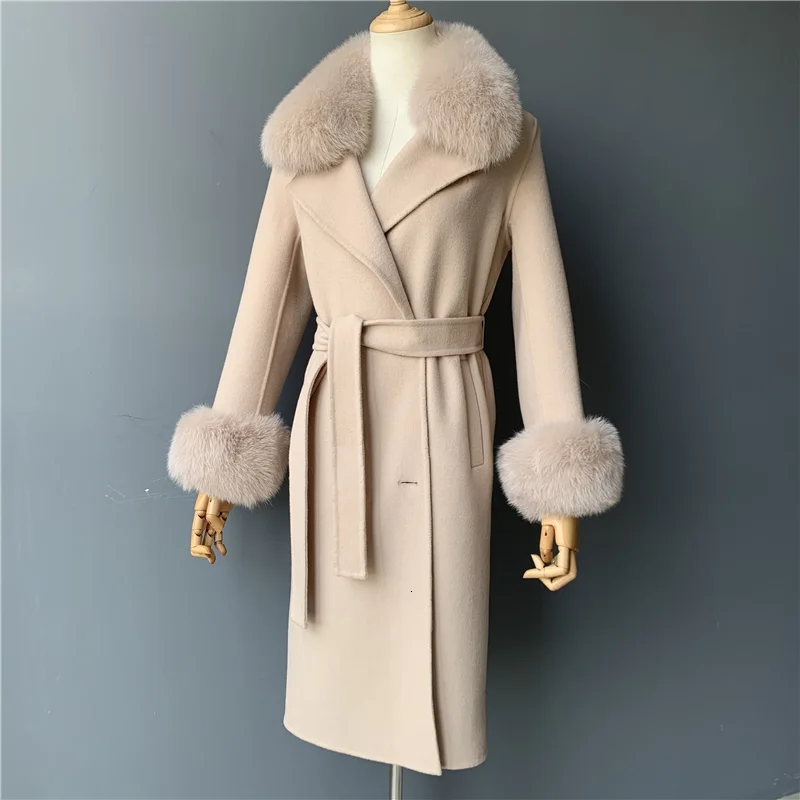 Women's Wool Coat Spring Real Fox Fur Collar Woolen Jacket Adjustable Waist Slim Ladies Long Overcoat