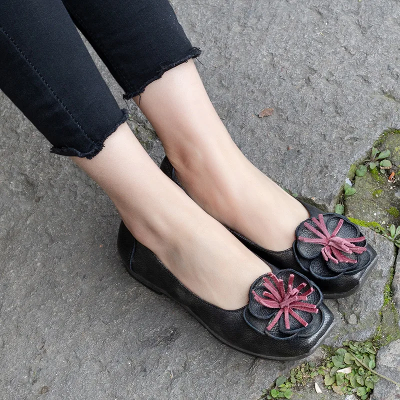 

Tenige Autumn Shallow Mouth Single Female Literature And Art Flowers Genuine Leather Square Head Women's Shoes Cowhide Low