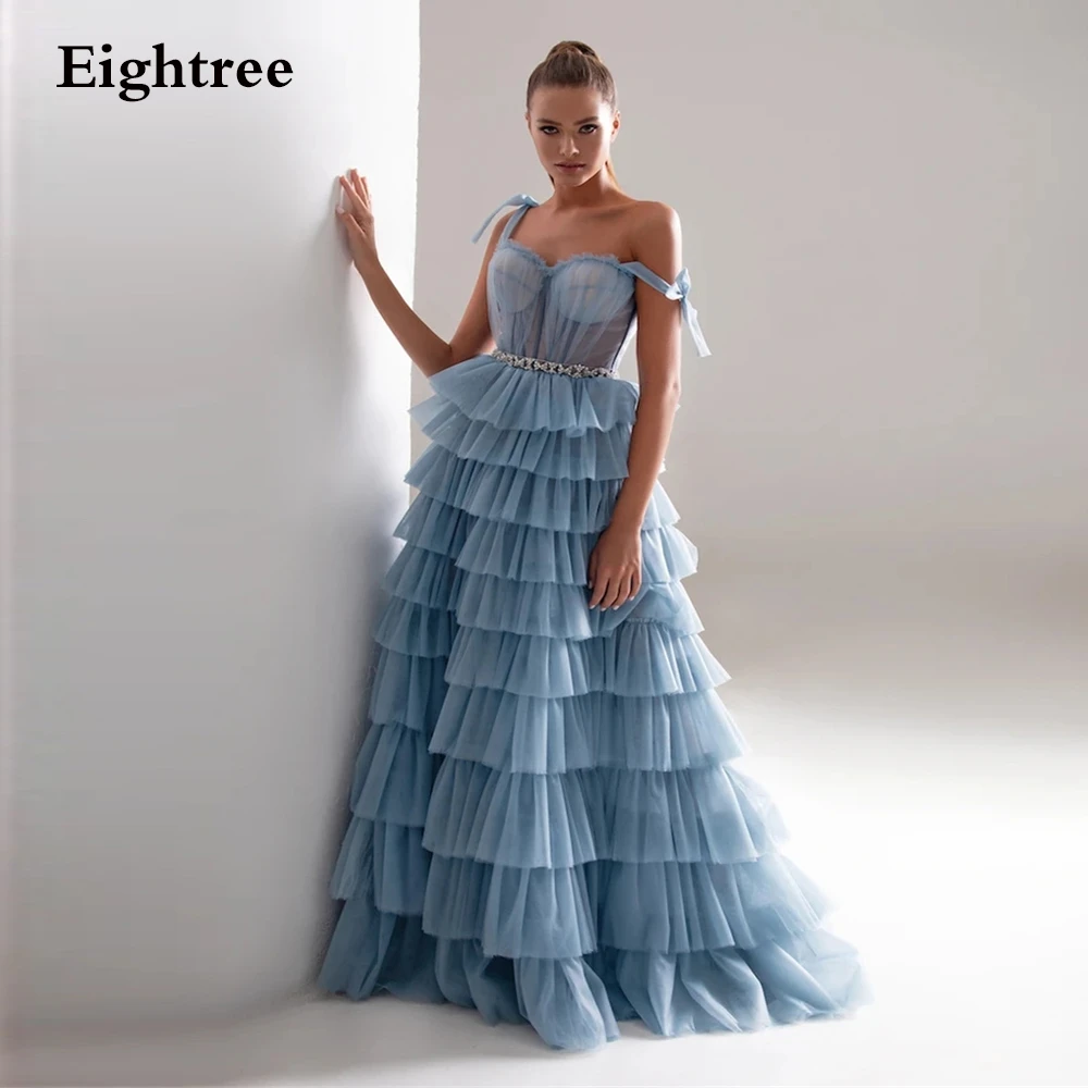 black prom dress Eightree 2021 Light Blue Ruffled Long Evening Dresses Sashes Spaghetti A Line Sleeveless Tiered Formal Prom Ball Gowns Dress pretty prom dresses