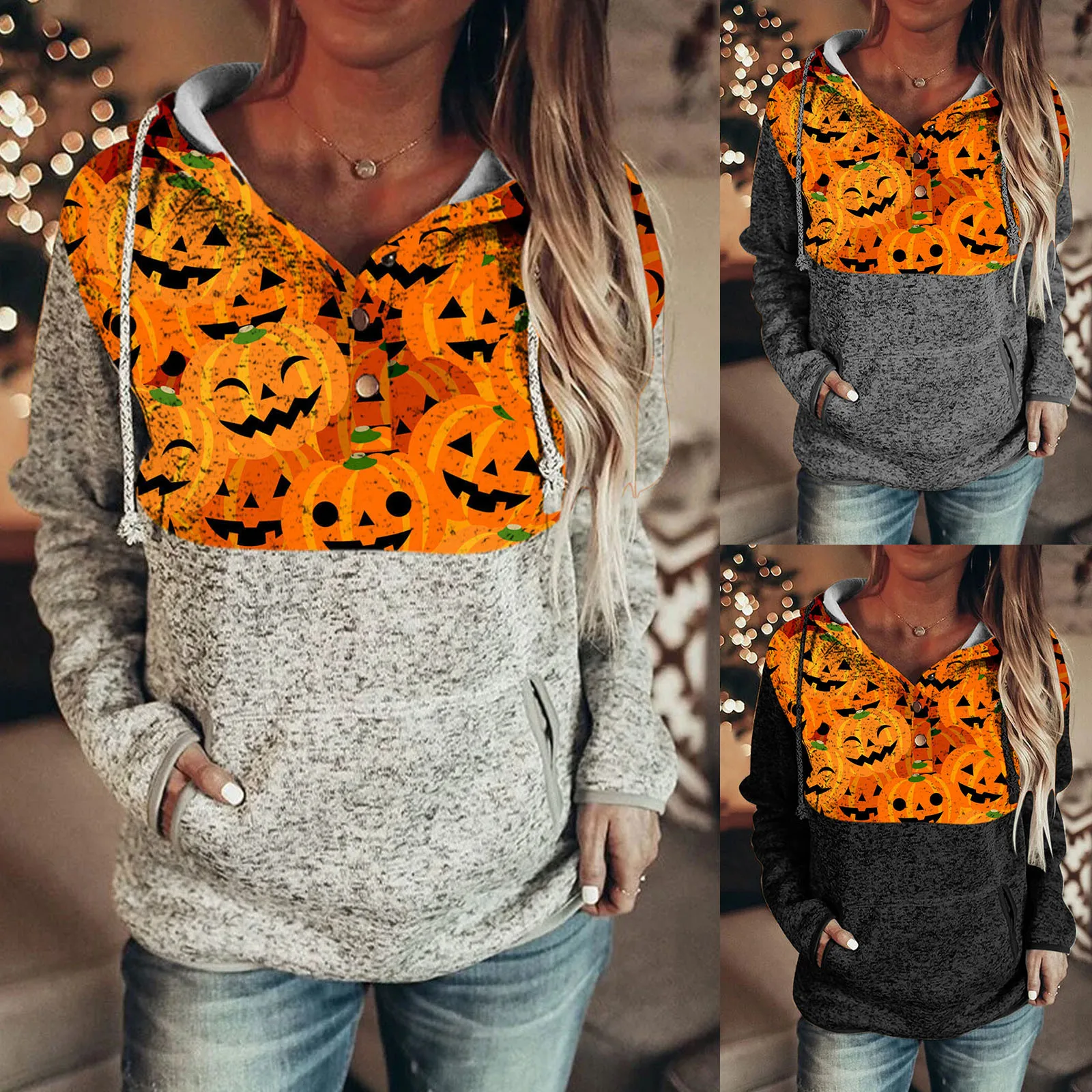 Women Hoodies Halloween Pumpkin Print Patchwork Hooded Sweatshirt Tops Autumn Long Sleeve Pockets Tracksuit Ropa Mujer#fs 2