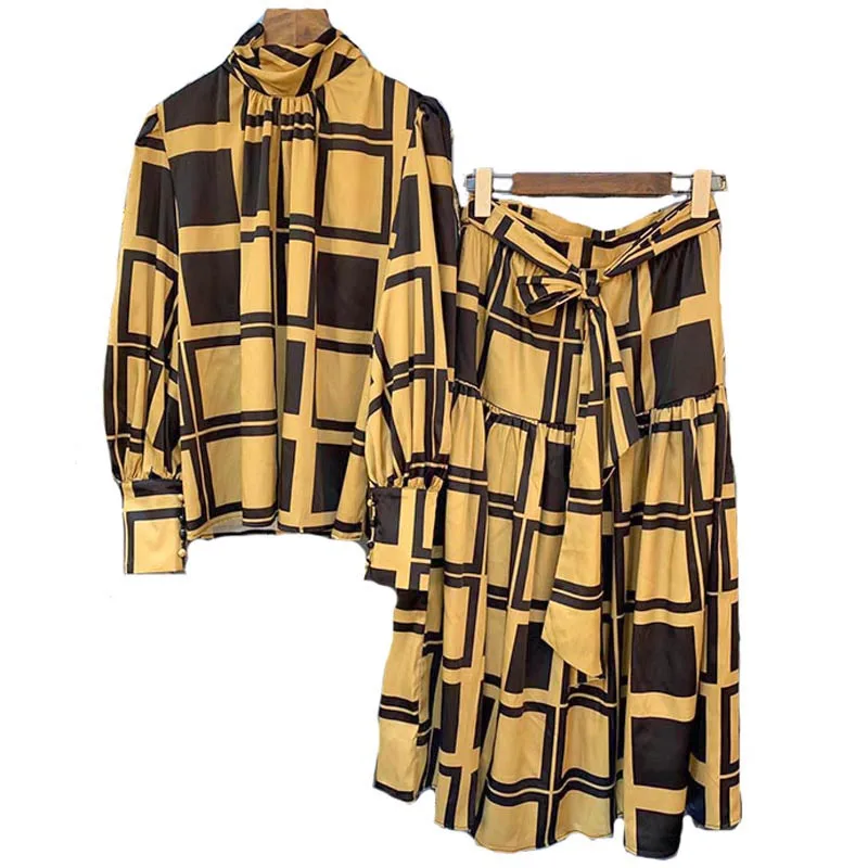 

Red RoosaRosee Vintage Plaid Print Two Piece Set Women Long Lantern Sleeve Blouse High Waist Lace Up Skirt Female Suit Fashion