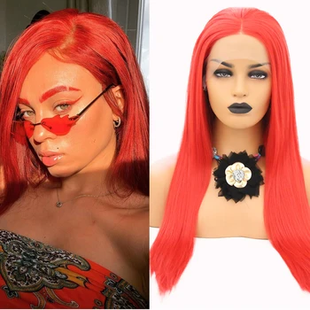 

QUINLUX WIGS Synthetic Hair Red Long Straight Wig For Black Women Lace Front Wig With Pre Plucked Cosplay Costume Heat Resistant