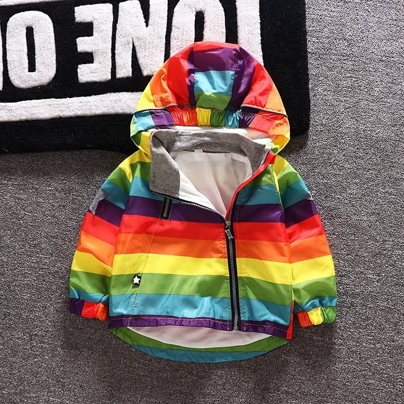 New Fashion Boys Girls Rainbow Coat Hooded Sun Water Proof Children's Jacket for Spring Autumn Kids Clothes Clothing Outwear