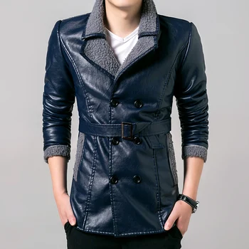 

Korean version of men's leather thick coat winter men's plus velvet leather jacket Slim stand-up collar leather trench coat