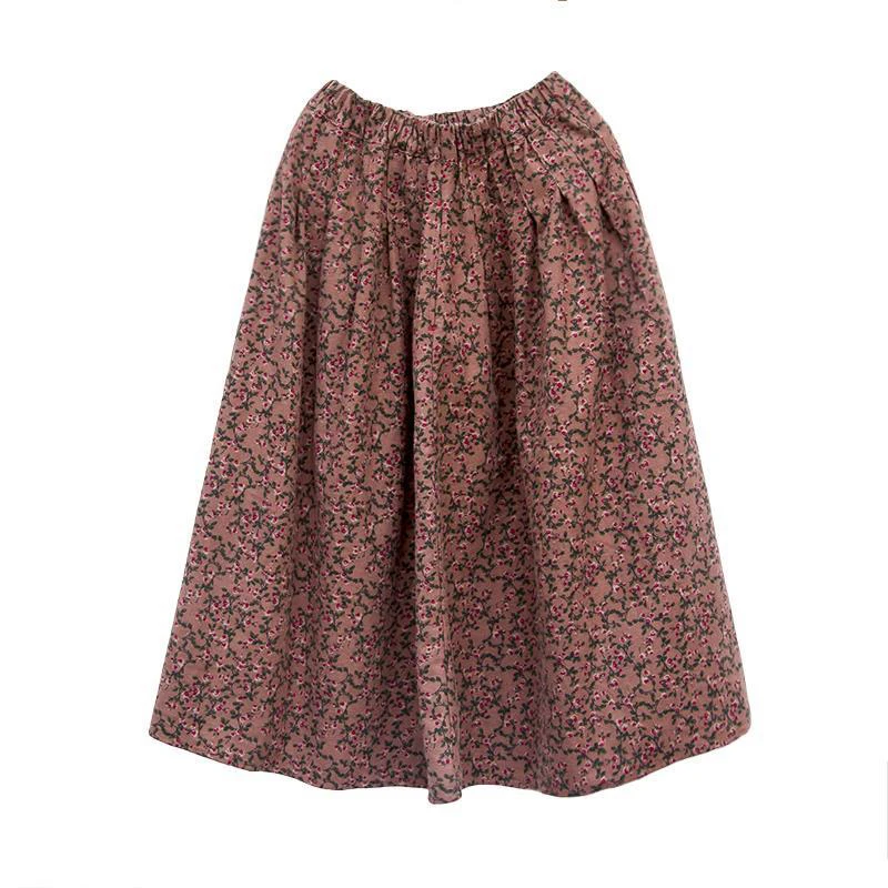 Spring Autumn Arts Style Elastic Waist Cotton Linen A-line Long Skirt Women Loose Casual Vintage Floral Skirt high quality S364 5