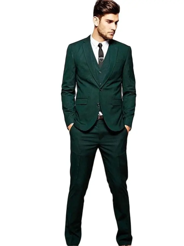 

Модный Темно-зеленый мужской блейзер с отложным воротником, брюки, свадебное платье, женская одежда, деловые костюмы, 3 шт., куртка + брюки + жилет + галстук