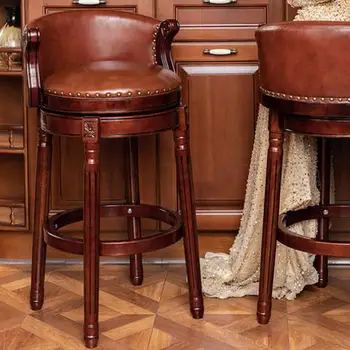 

European solid wood bar chair home American backrest high stool retro leather rotating bar chair