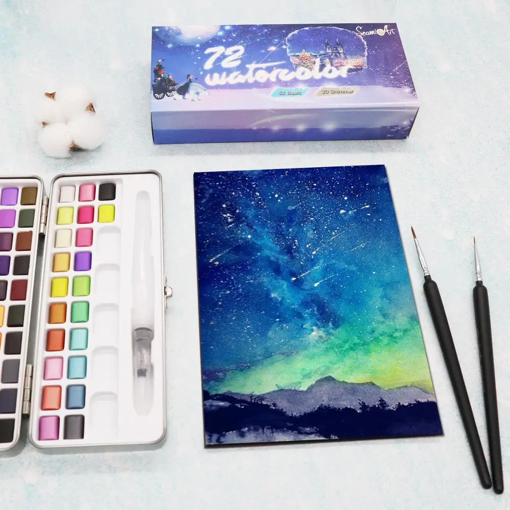 SeamiArt 50/72Color Solid Watercolor Paint Set Basis Color and Pearl Color Portable Metal Box Pigment for Drawing Art Supplie