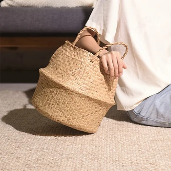 

Household Foldable Natural Seaweed Woven Storage Pot Garden Flower Vase Hanging Basket Storage Basket Home Decor Planter